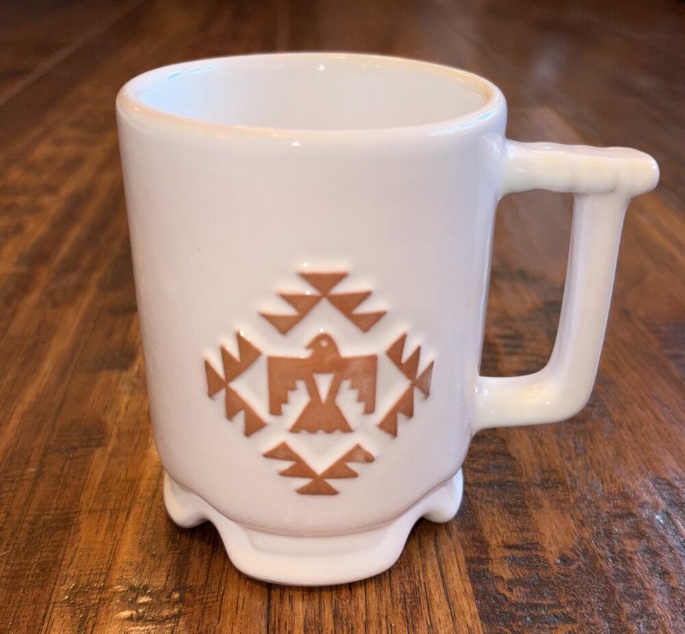 Frankoma Handled White Footed Mug Thunderbird Eagle Southwest Pottery